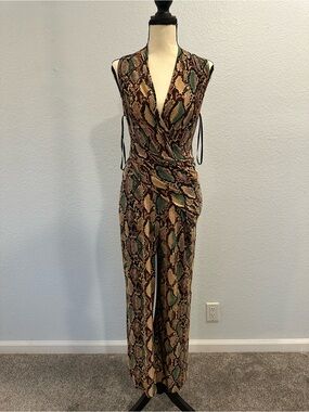 RACHEL Rachel Roy Sleeveless Snake Print Wrap zipper Jumpsuit in Green and Tan